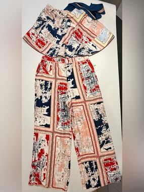 Maeve Multicolor Scenic Patchwork Wide-Leg Pants - Red, Navy & Cream